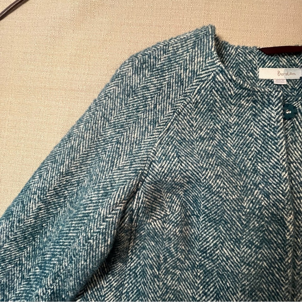 Boden Wool Alpaca Herringbone Coat Teal Blue Collarless Raglan Sleeve Size 8P - Picture 9 of 13